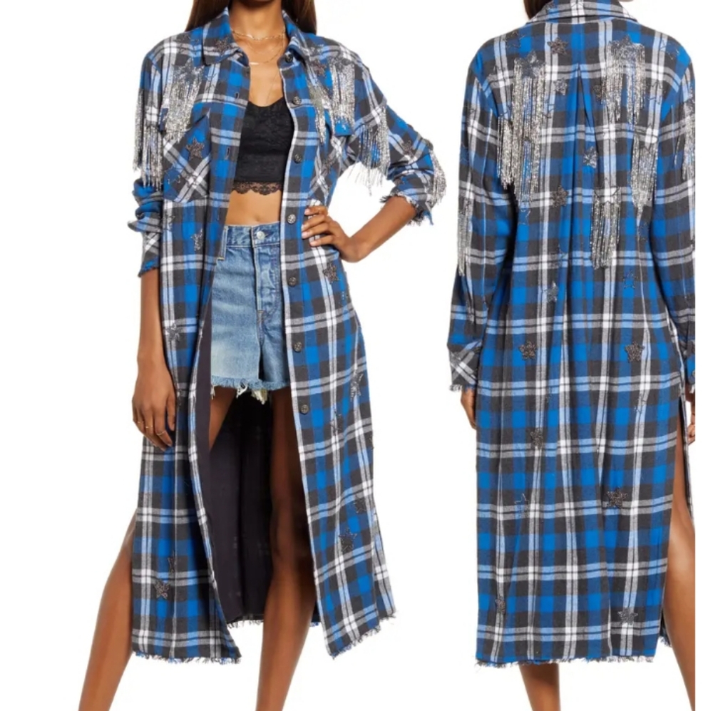 Free People Heavenly Plaid Maxi Jacket Cotton Silver Tassel Fringe Md And Lg NWT